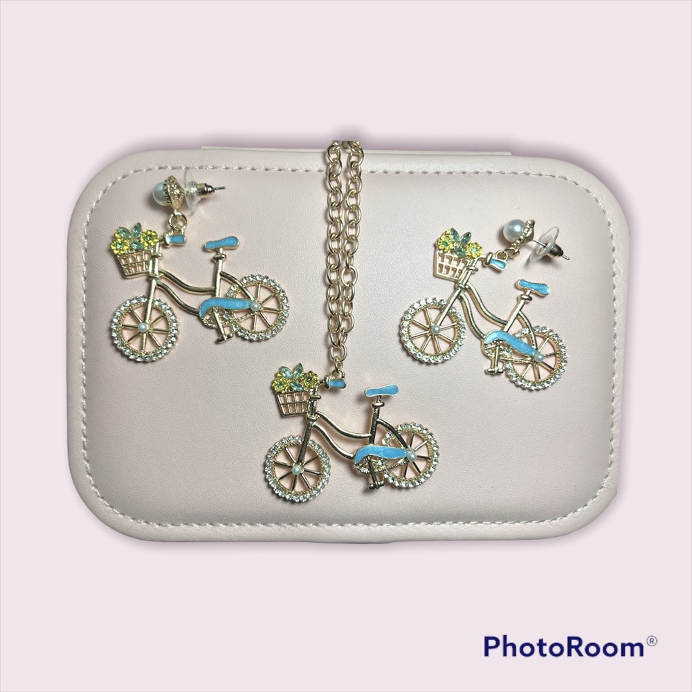 Vintage retro Rhinestone studded bicycle earring and necklace set